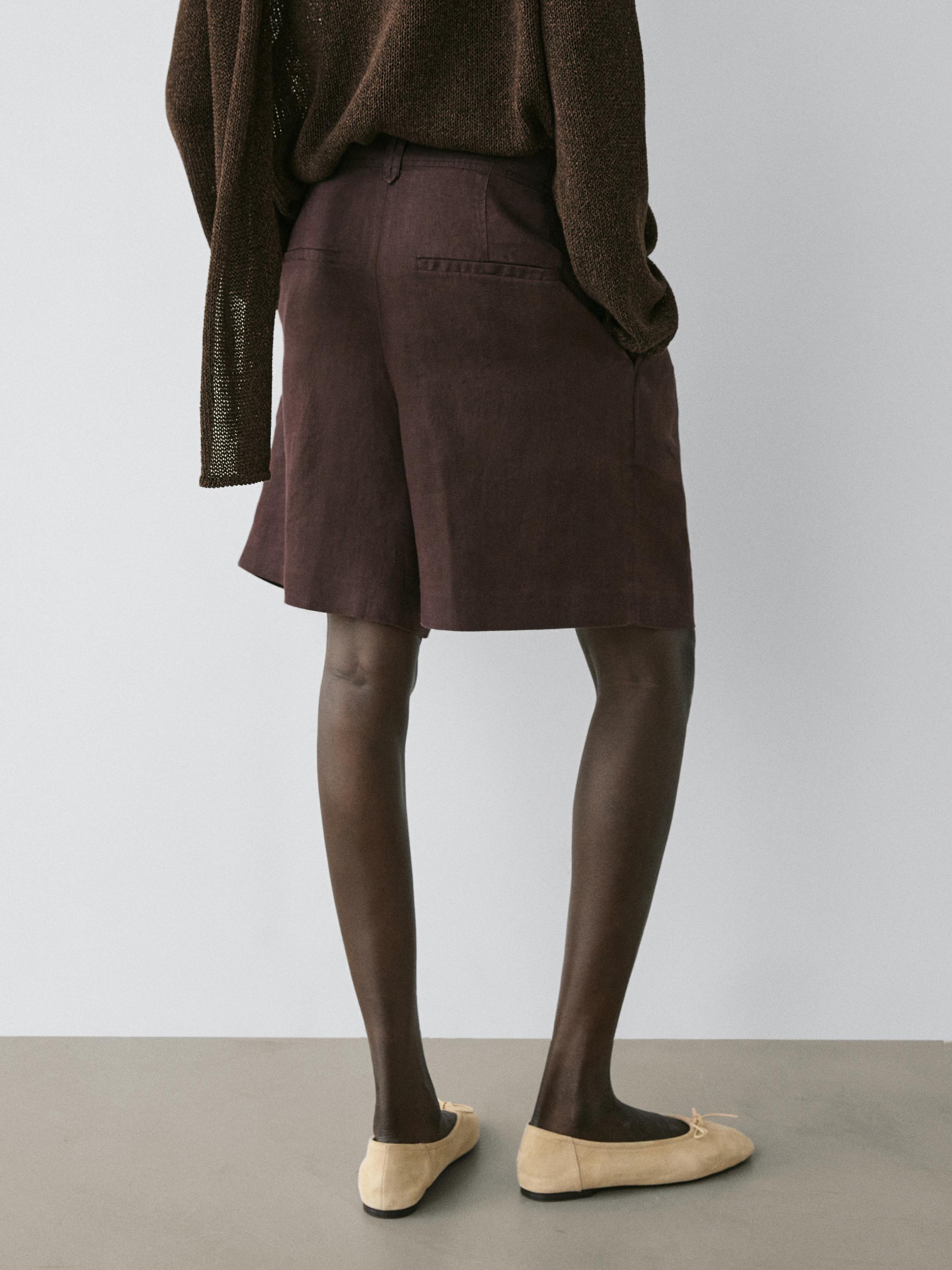 100% linen short pleated Bermuda shorts